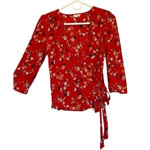 Pablo Red Floral Print Wrap Blouse 3/4 Sleeve Tie Waist Women Size‎ 36